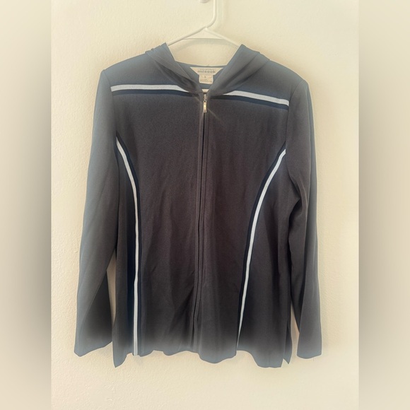 Exclusively Misook Grey Stretch Knit Full Zip Hoodie Blue Trim Size Large - Picture 1 of 9